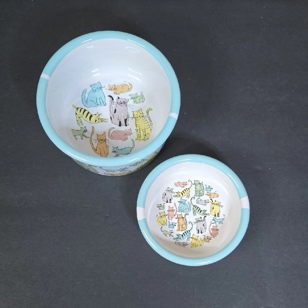 Stoneware Ceramic Cat Print Water and Food Bowl Dishes - NEW